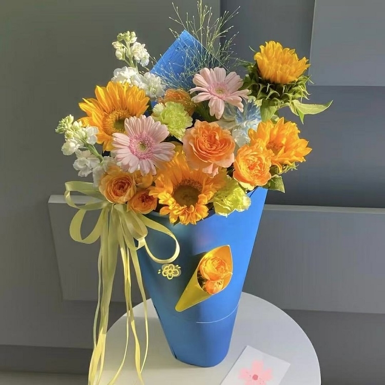 向日葵混搭玫瑰，非洲菊，紫羅蘭花束(fl00004-0006)