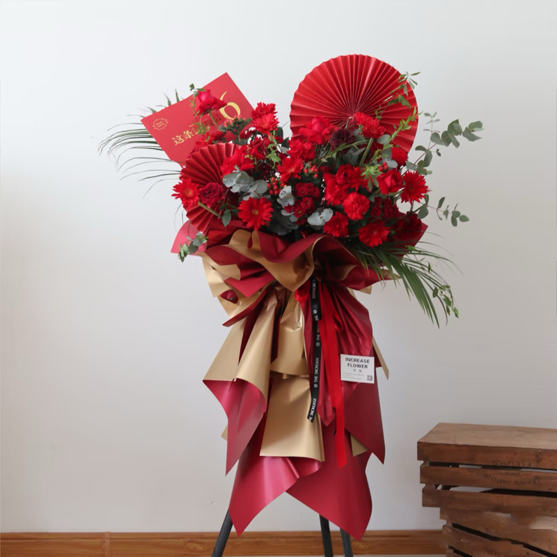 红色玫瑰混搭红色非洲菊，红色康乃馨花籃(fl00026-0127)