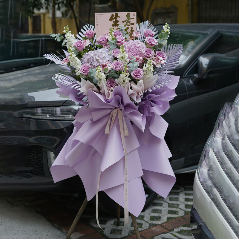 Hydrangea, purple roses and violets mixed flower basket(fl00026-0139)