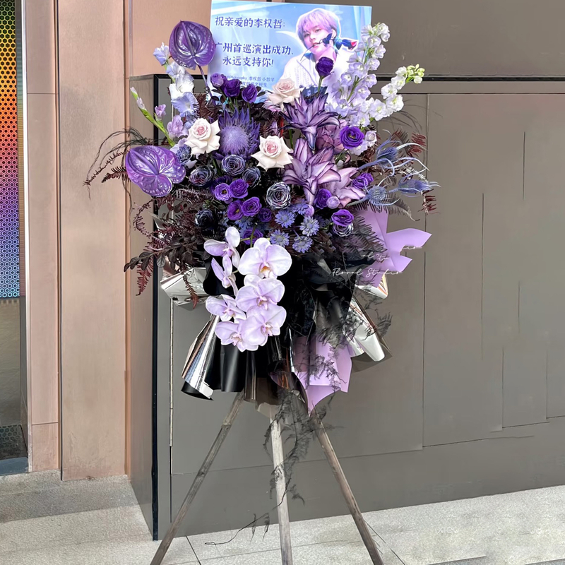 Phalaenopsis, purple roses and double lilies mixed flower basket(fl00026-0144)