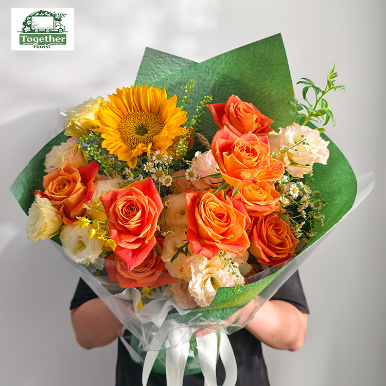 向日葵混搭輝煌玫瑰，桔梗花束fl0000-XH0121