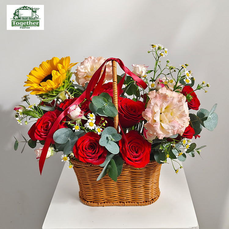 向日葵混搭高原紅玫瑰，冰淇淋桔梗花籃fl0000-XH0126