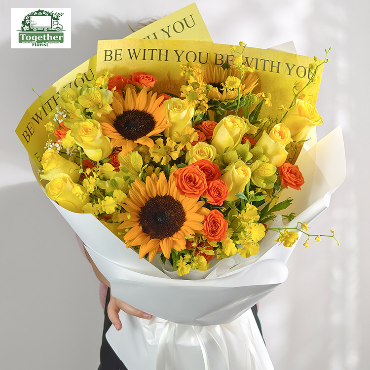 向日葵混搭月光漫步玫瑰，六初花花束fl0000-XH0128