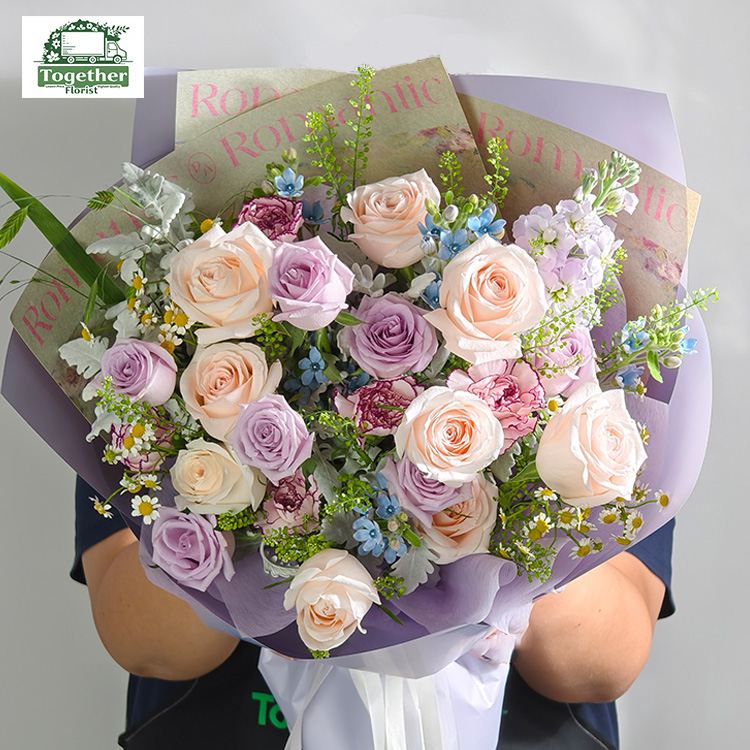 海洋之歌玫瑰混搭雙魚座玫瑰，紫精靈康乃馨花束fl0000-XH0135