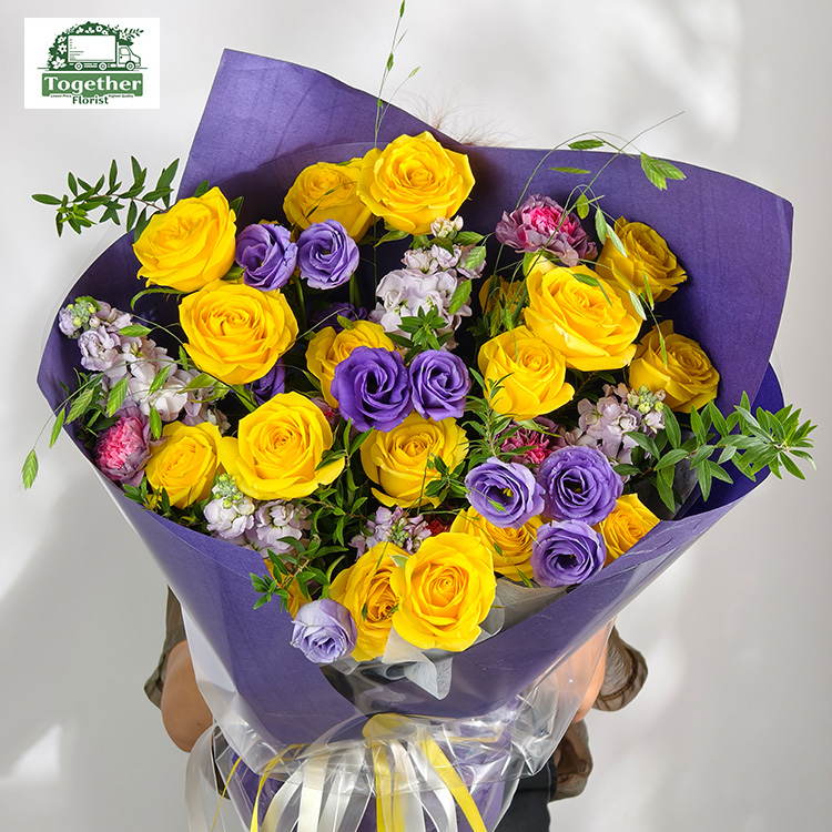 浪漫沙灘玫瑰混搭紫色桔梗、紫羅蘭花束fl0000-XH0139