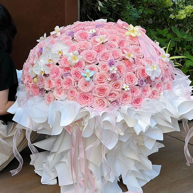 蝴蝶蘭混搭鬱金香，199枝粉色玫瑰花束fl00026-0193