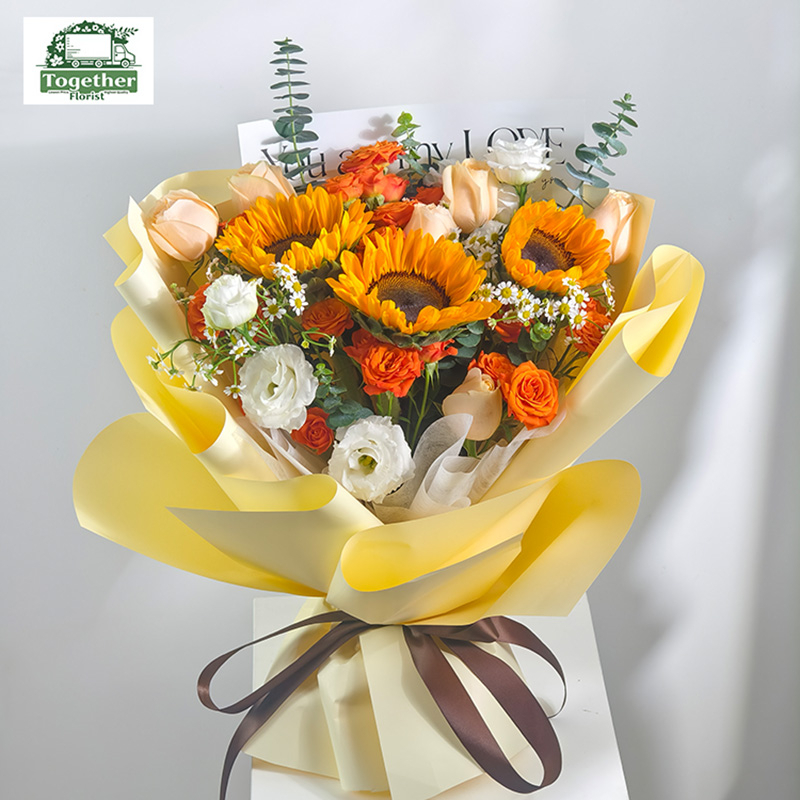 向日葵混搭香檳玫瑰，多頭玫瑰花束fl0000-XH0181