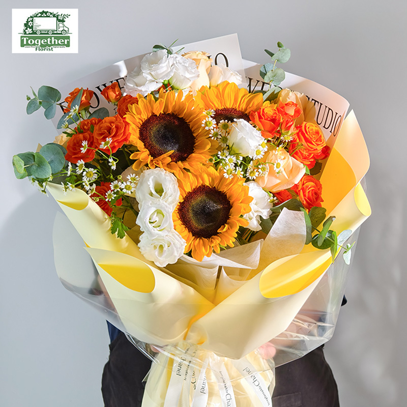 向日葵混搭香檳玫瑰，多頭玫瑰花束fl0000-XH0168