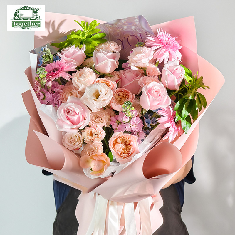 朱麗葉塔玫瑰混搭粉色玫瑰，非洲菊花束fl0000-XH0170