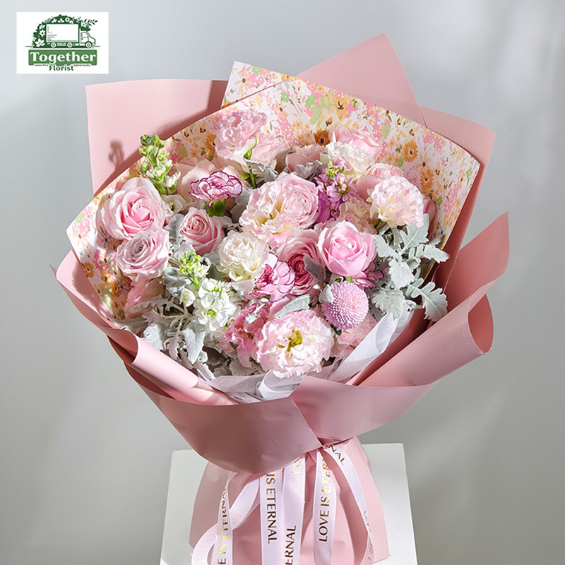 粉雪山玫瑰混搭桔梗，康乃馨花束fl0000-XH0175