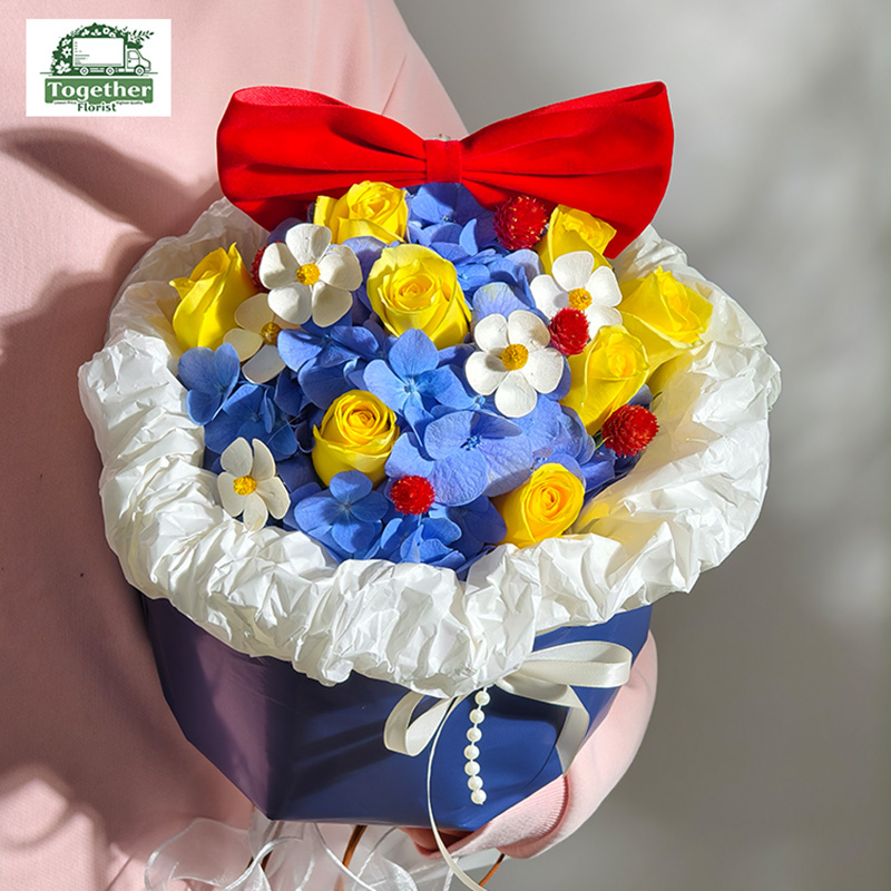 藍色繡球混搭黃玫瑰花束fl0000-XH0186