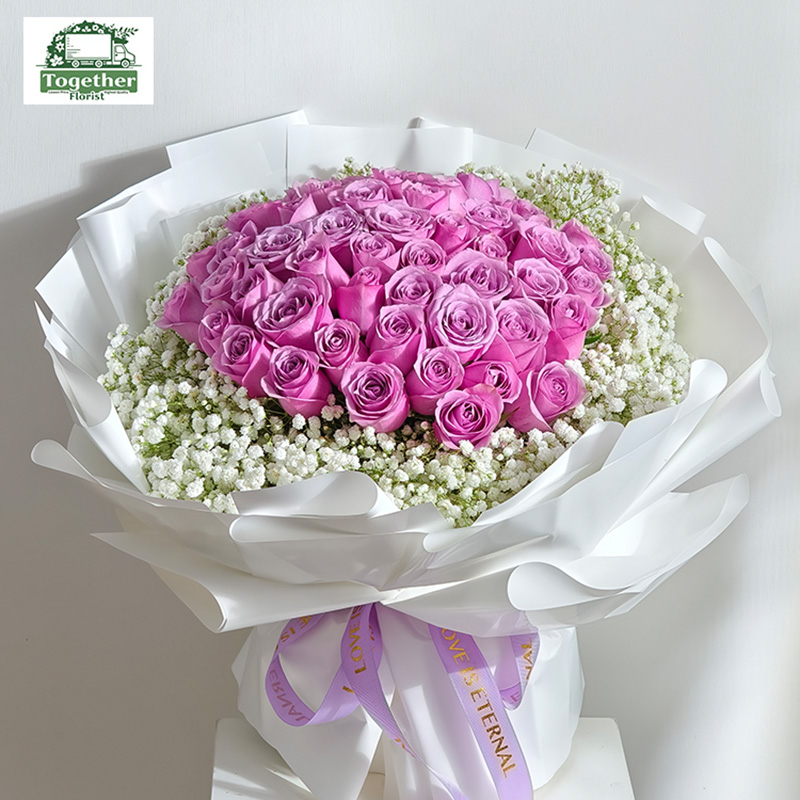 52枝紫色玫瑰混搭滿天星花束fl0000-XH0188