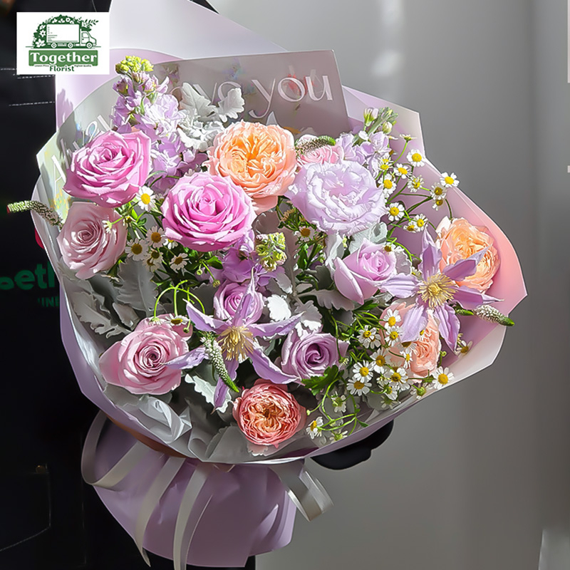 紫色玫瑰混搭朱麗葉塔玫瑰，鐵線蓮花束 fl0000-XH0193