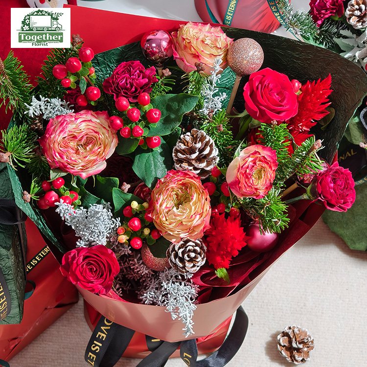 玫瑰混搭松果聖誕花束fl0000-XH0165