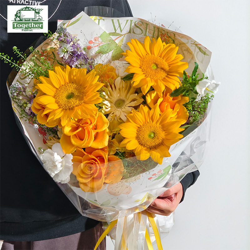 現貨-向日葵混搭輝煌玫瑰，拉絲菊花束  fl0000-XH0218-251118