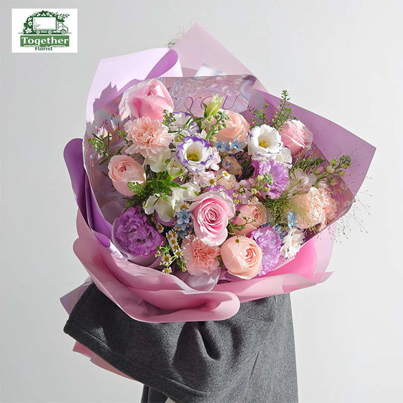 粉色玫瑰混搭雙魚座玫瑰，紫邊桔梗花束 fl0000-XH0223