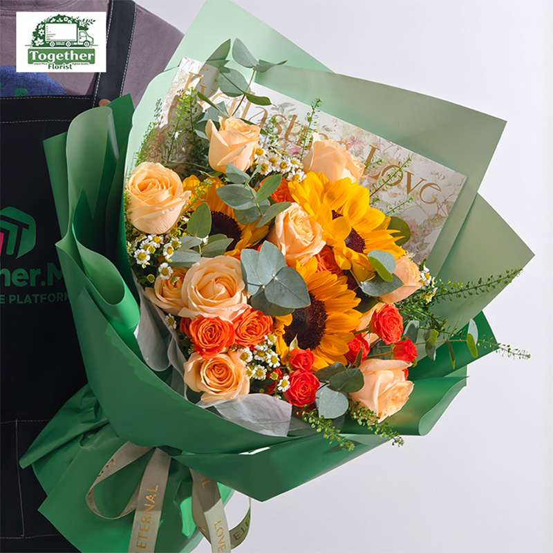 向日葵混搭香檳玫瑰，橙芭比花束 fl0000-XH0233