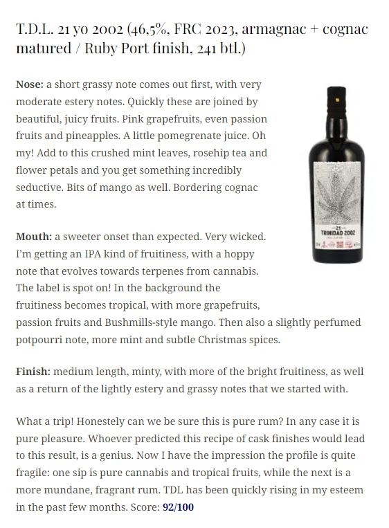 TDL Rum 21 yo 2002-2023 Armagnac & Cognac, Ruby Port Casks Finish FRC 46.5%
