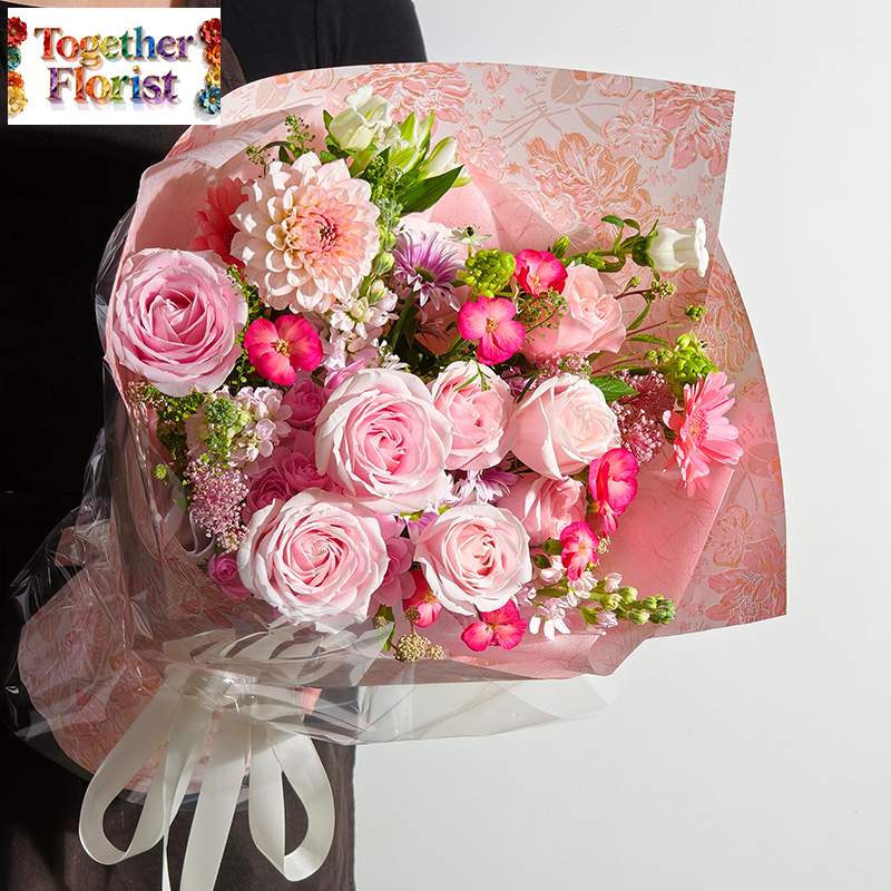 大麗花混搭粉色玫瑰，非洲菊花束 fl0000-XH0259