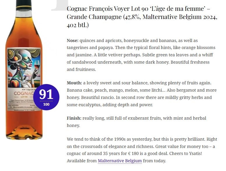 (新年優惠) François Voyer Lot 90 Grande Champagne Cognac 34 yo 1990-2024 'L’âge de ma femme' Malternative 47.8%