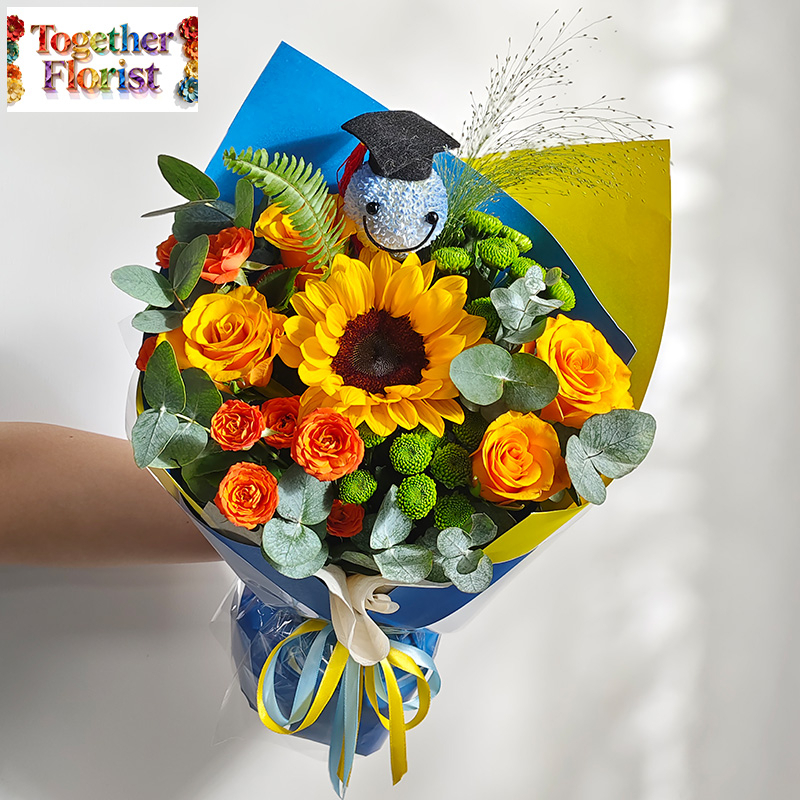 向日葵混搭乒乓菊，玫瑰花束 fl0000-XH0255