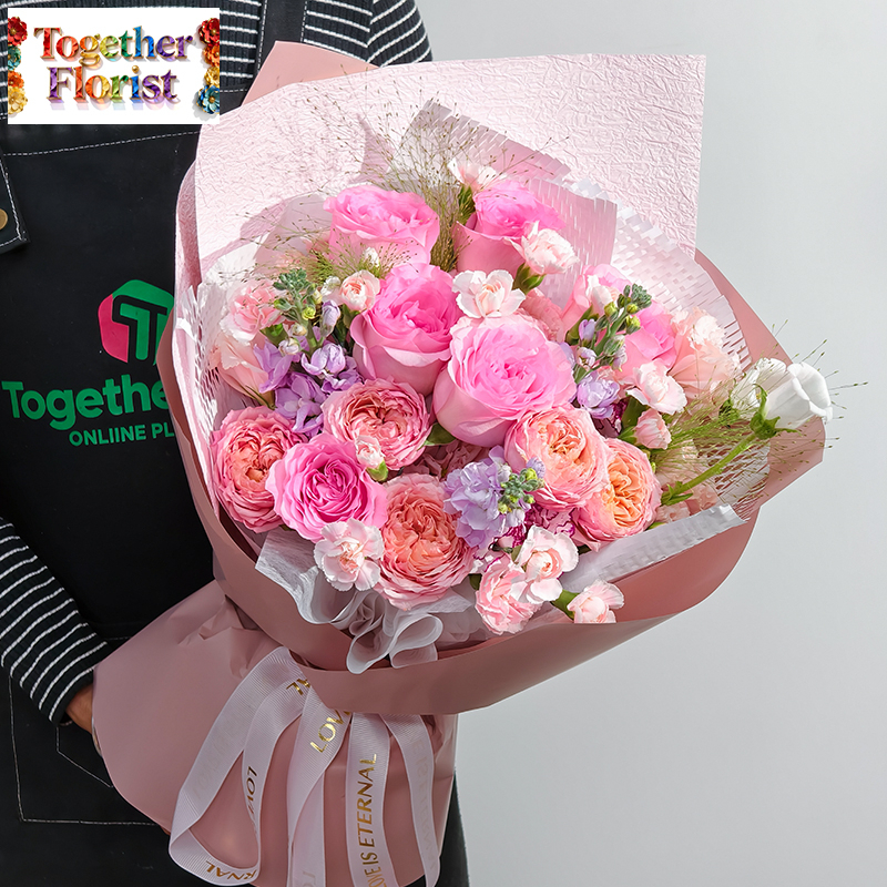 洛神玫瑰混搭朱麗葉塔玫瑰，多頭康乃馨花束 fl0000-XH0267