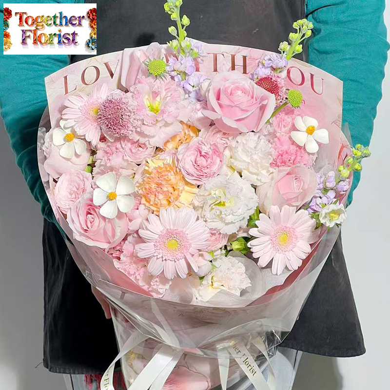 粉色玫瑰混搭非洲菊，桔梗花束  fl0000-XH0293