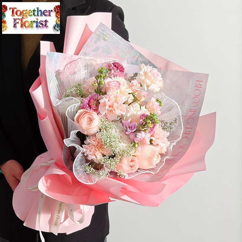 凱瑟琳玫瑰混搭肉粉桔梗，粉色康乃馨花束 fl0000-XH0290
