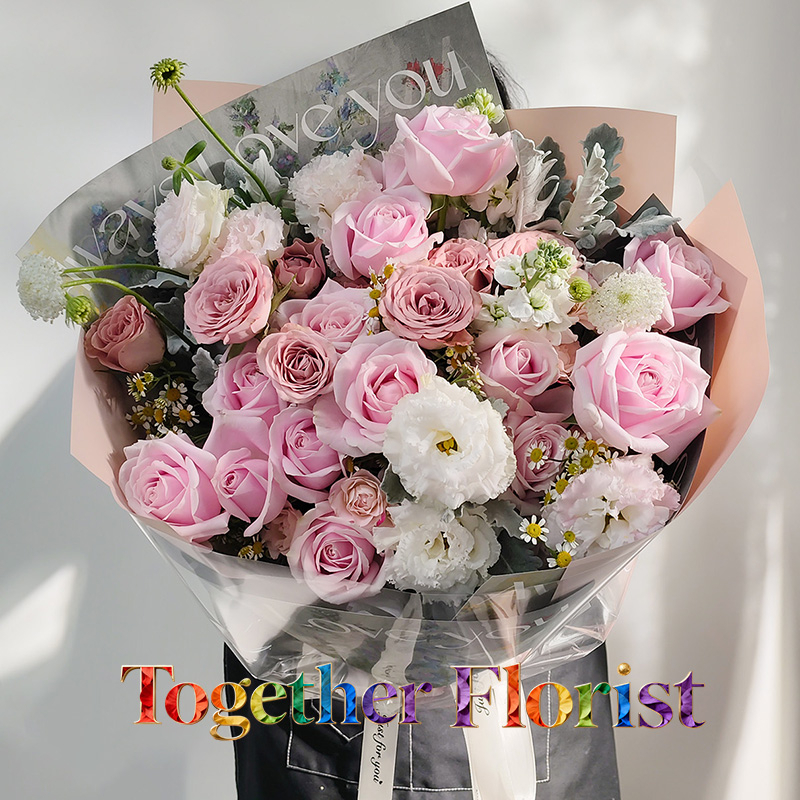 卡布奇洛玫瑰混搭粉雪山玫瑰花束fl0000-XH0032 情人節精選款式，無附加收費