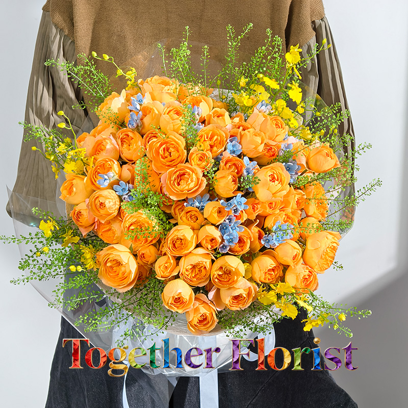 果汁陽台多頭玫瑰混搭藍星花，跳舞蘭花束 fl0000-XH0245 情人節精選款式，無附加收費