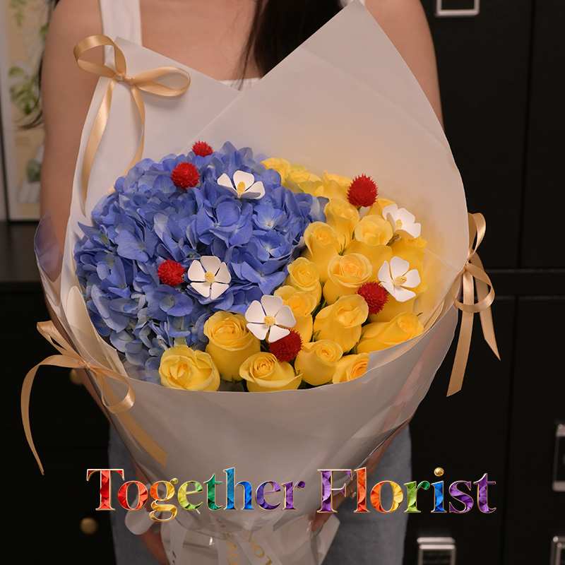 繡球混搭黃玫瑰花束fl00026-0087 情人節精選款式，無附加收費