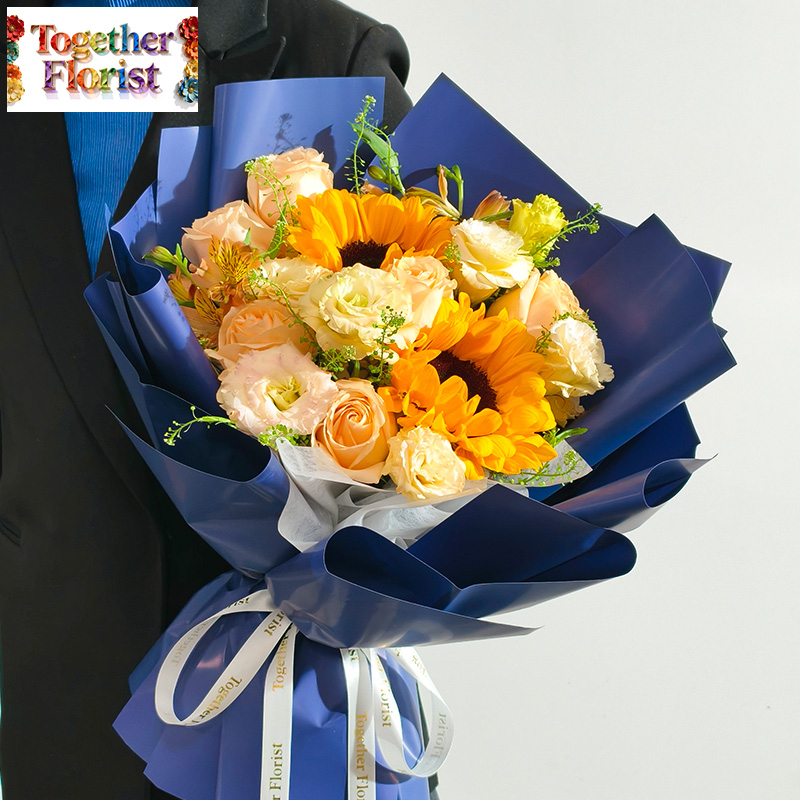 向日葵混搭香檳玫瑰，冰淇淋桔梗花束 fl0000-XH0302