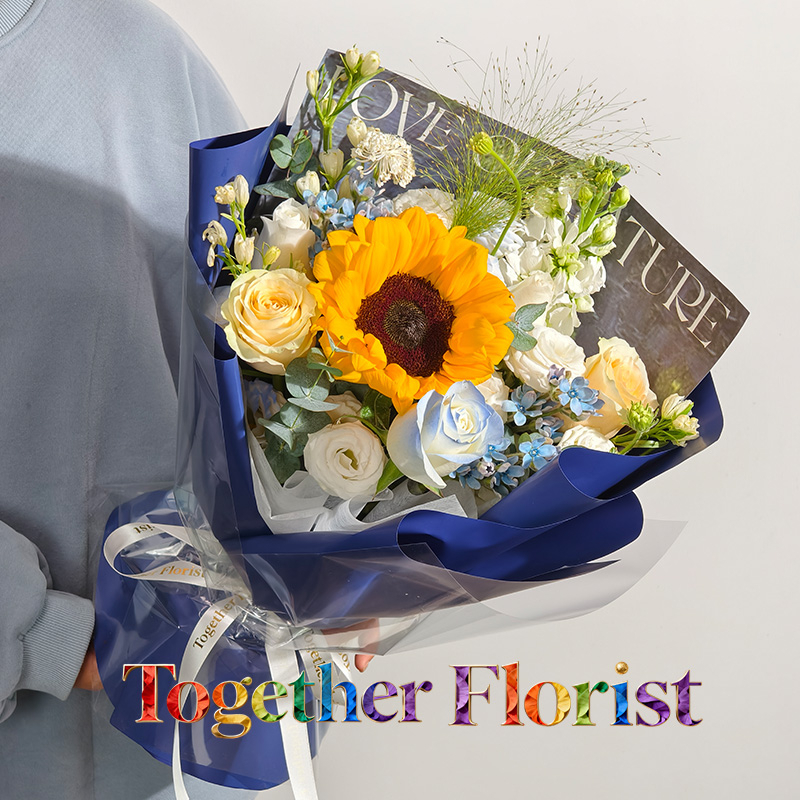 向日葵混搭香檳玫瑰，白色玫瑰花束 fl0000-XH0299