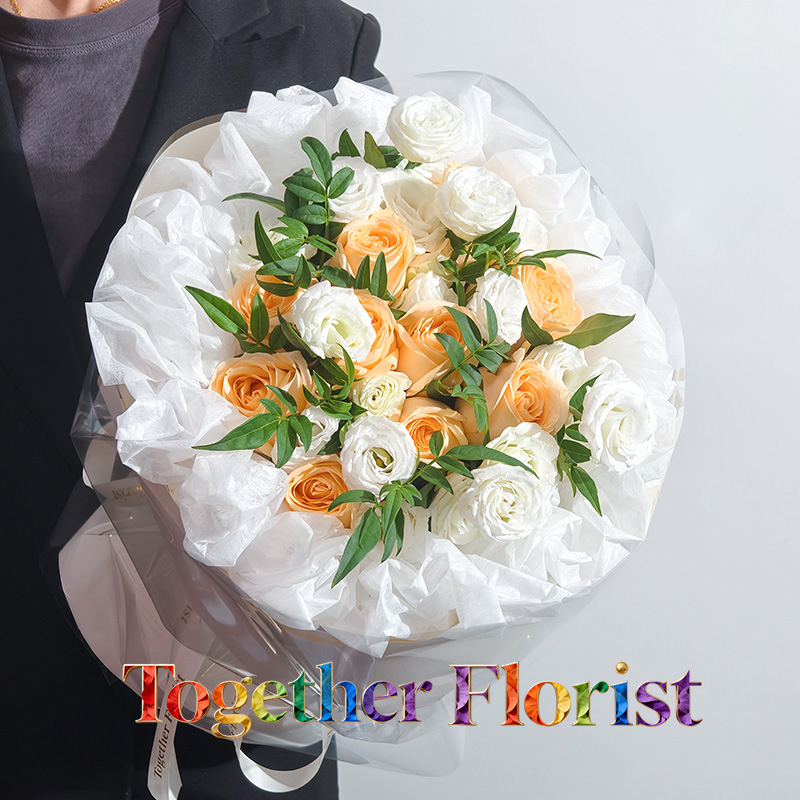 香檳玫瑰混搭白色桔梗花束 fl0000-XH0298