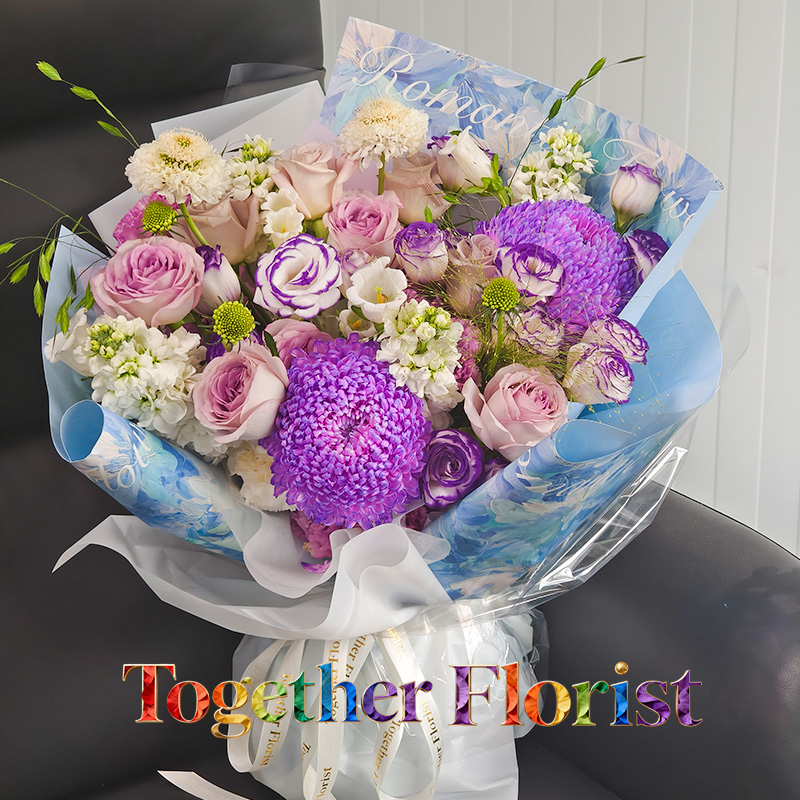 現貨-牡丹菊混搭紫邊桔梗，紫羅蘭花束 fl0000-XH0330-260402