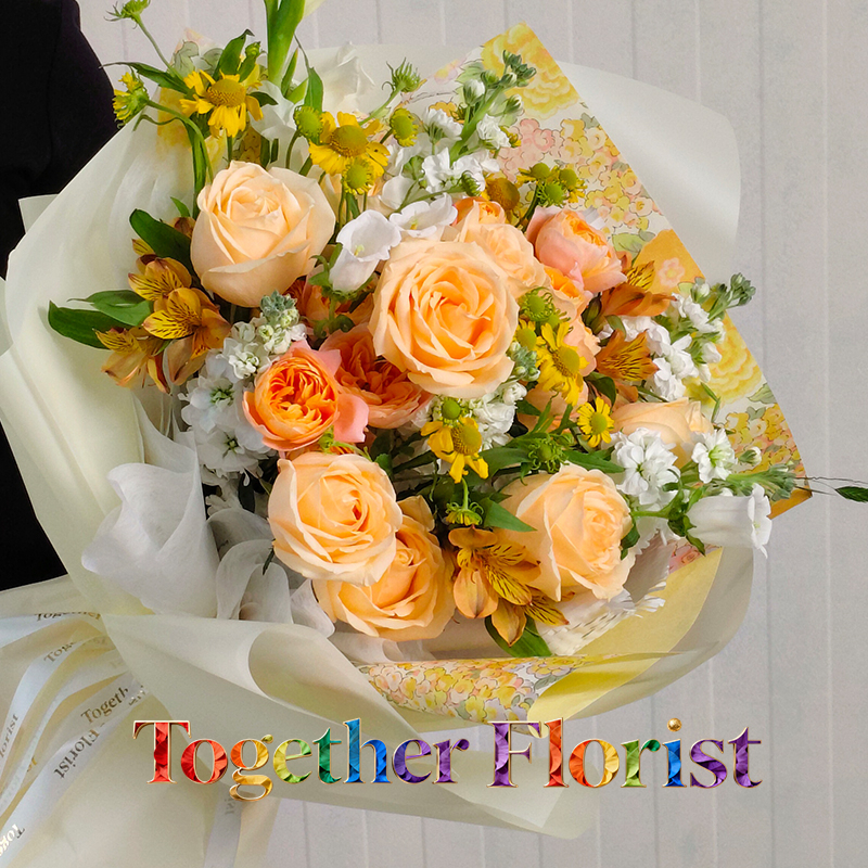 香檳玫瑰混搭果汁陽台玫瑰，六出花花束 fl0000-XH0332