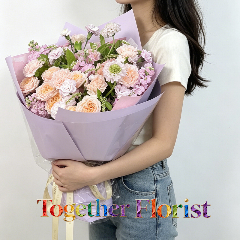 朱麗葉塔玫瑰混搭流光粉康乃馨，紫羅蘭花束fl0000-XH0352