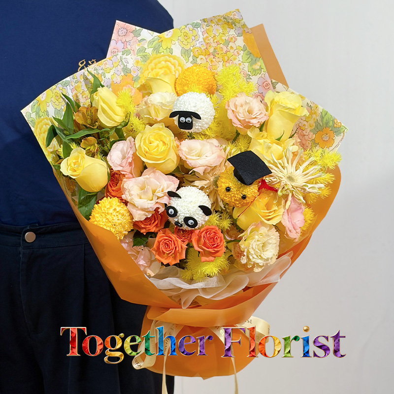 浪漫沙灘玫瑰混搭乒乓菊，拉絲非洲菊花束fl0000-XH0361