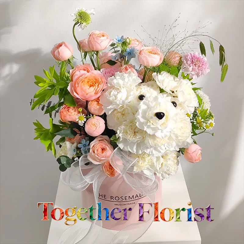 小狗康乃馨混搭玫瑰花桶fl0000-XH0077（僅限6月購買及取貨！）