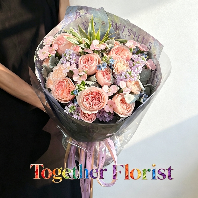 朱麗葉塔玫瑰混搭紫羅蘭，康乃馨花束fl0000-XH0372