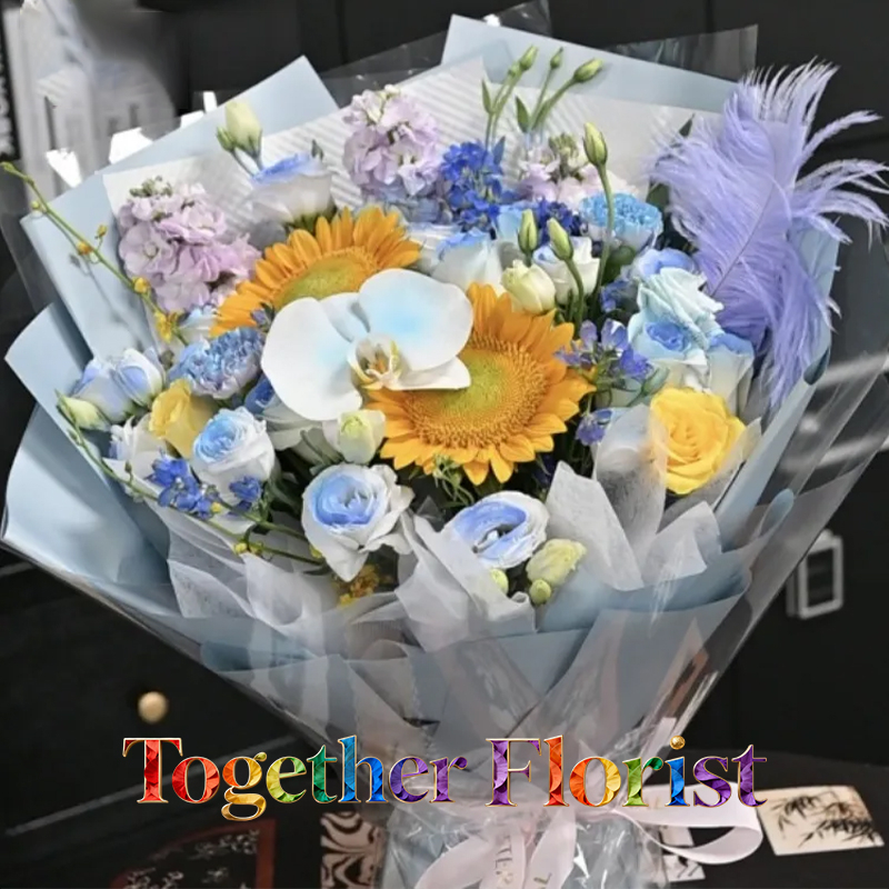 向日葵混搭蝴蝶蘭、桔梗（噴色）花束(fl00026-0069)