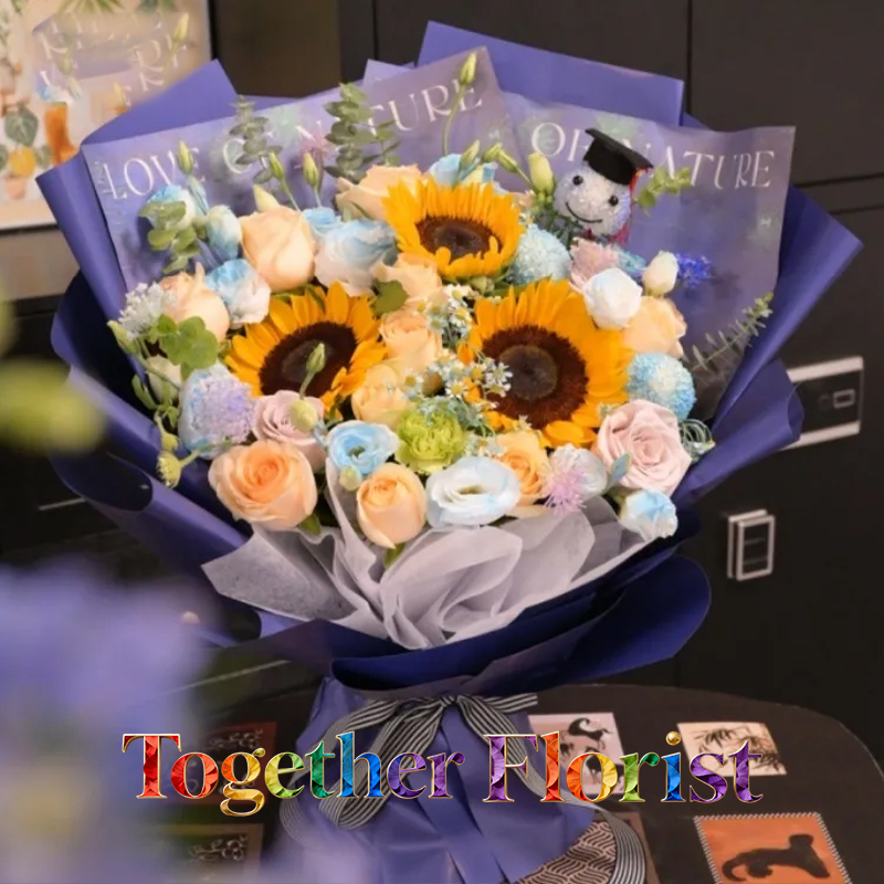向日葵混搭蝴蝶蘭、乒乓菊（噴色）花束(fl00026-0070)