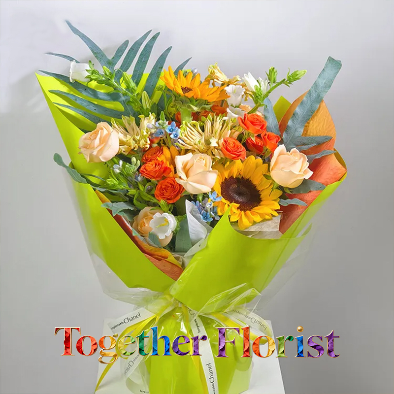 向日葵混搭香檳玫瑰、多頭橙芭比花束fl0000-XH0142