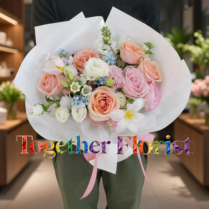 胭脂玫瑰混搭粉色玫瑰，鬱金香花束fl0000-XH0381